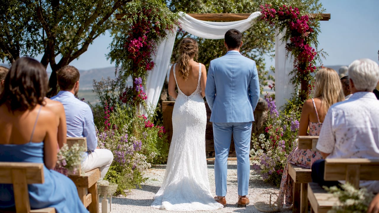Couple in outdoor wedding ceremony setting